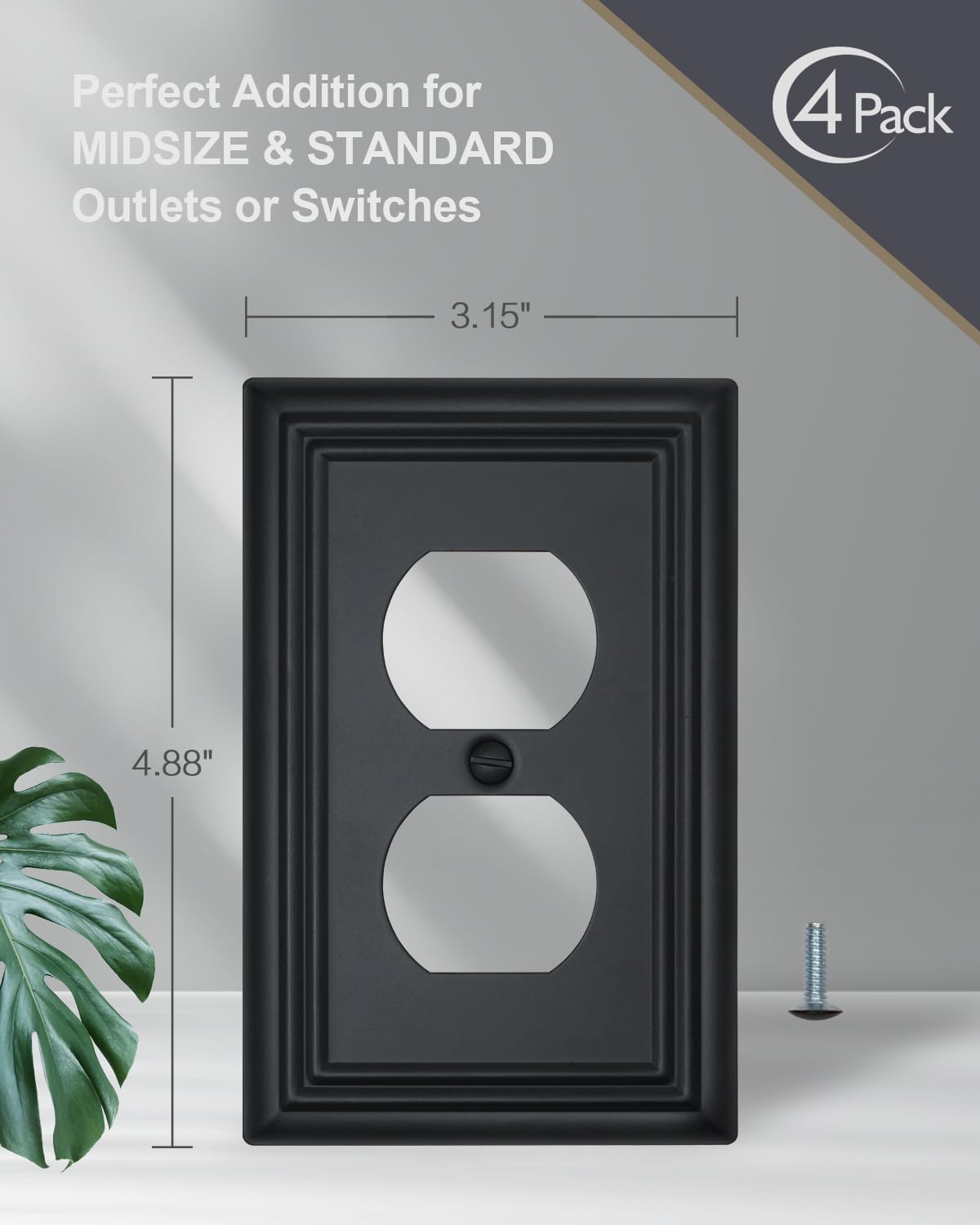 4-Pack Black Outlet Covers, Metal Duplex Wall Plates for Receptacles, Light Switch, Durable