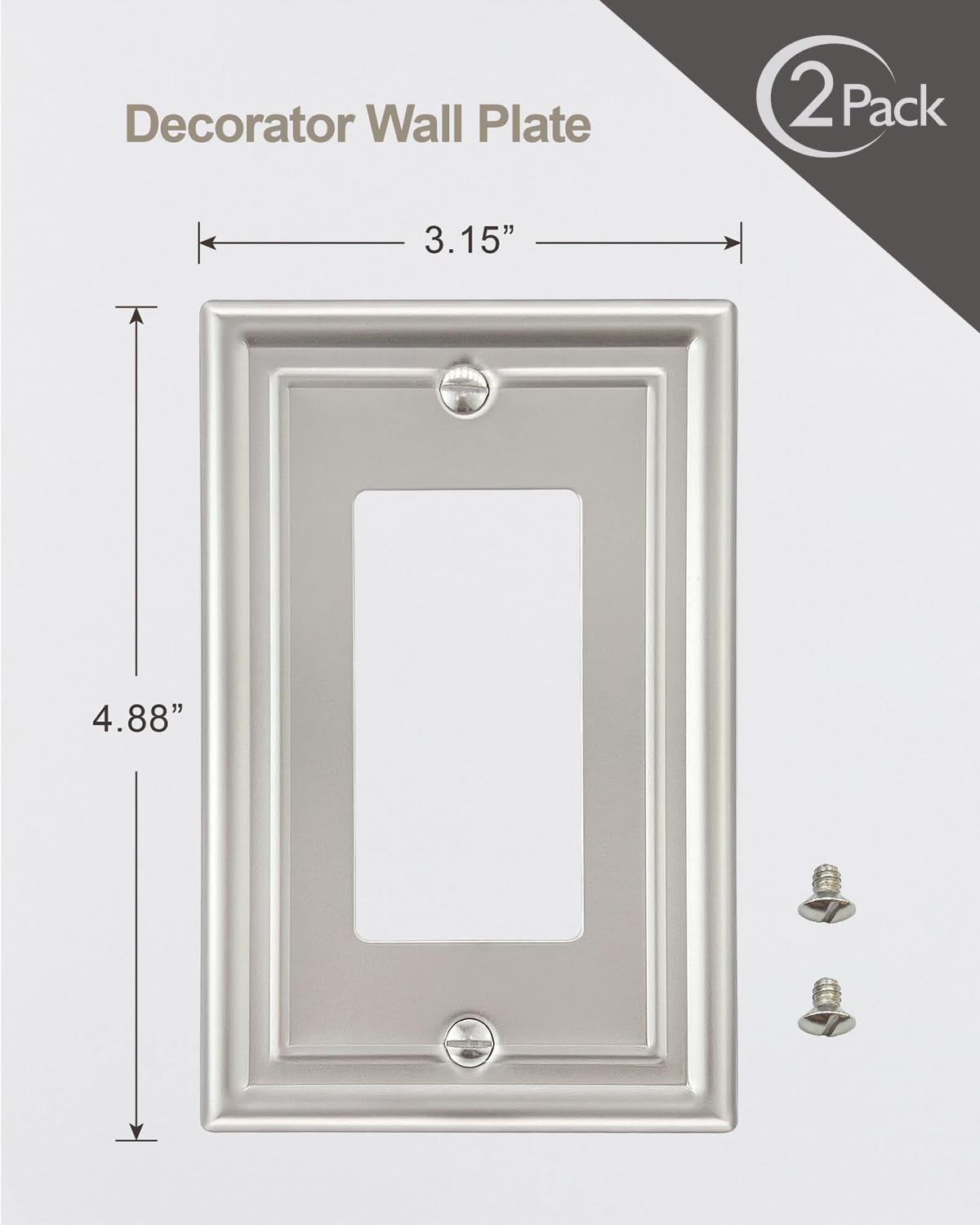 2-Pack Decorator Wall Plate, Satin Nickel Electrical Outlet Cover Plate for Receptacle, Dimmer