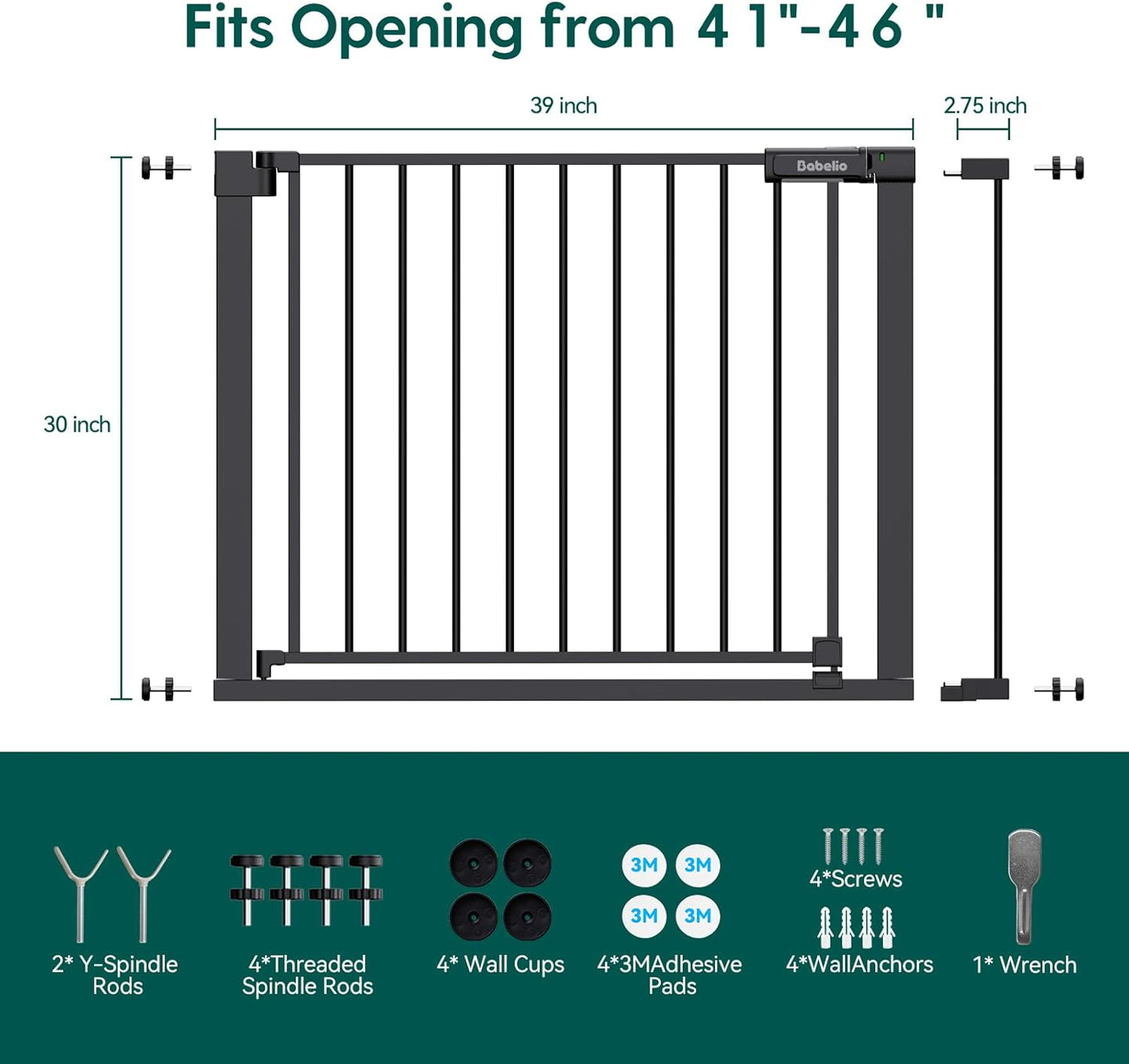 BABELIO Baby Gate for Doorways and Stairs, 41-46" Pet Gate with Wide Walk Thru Door and Lock