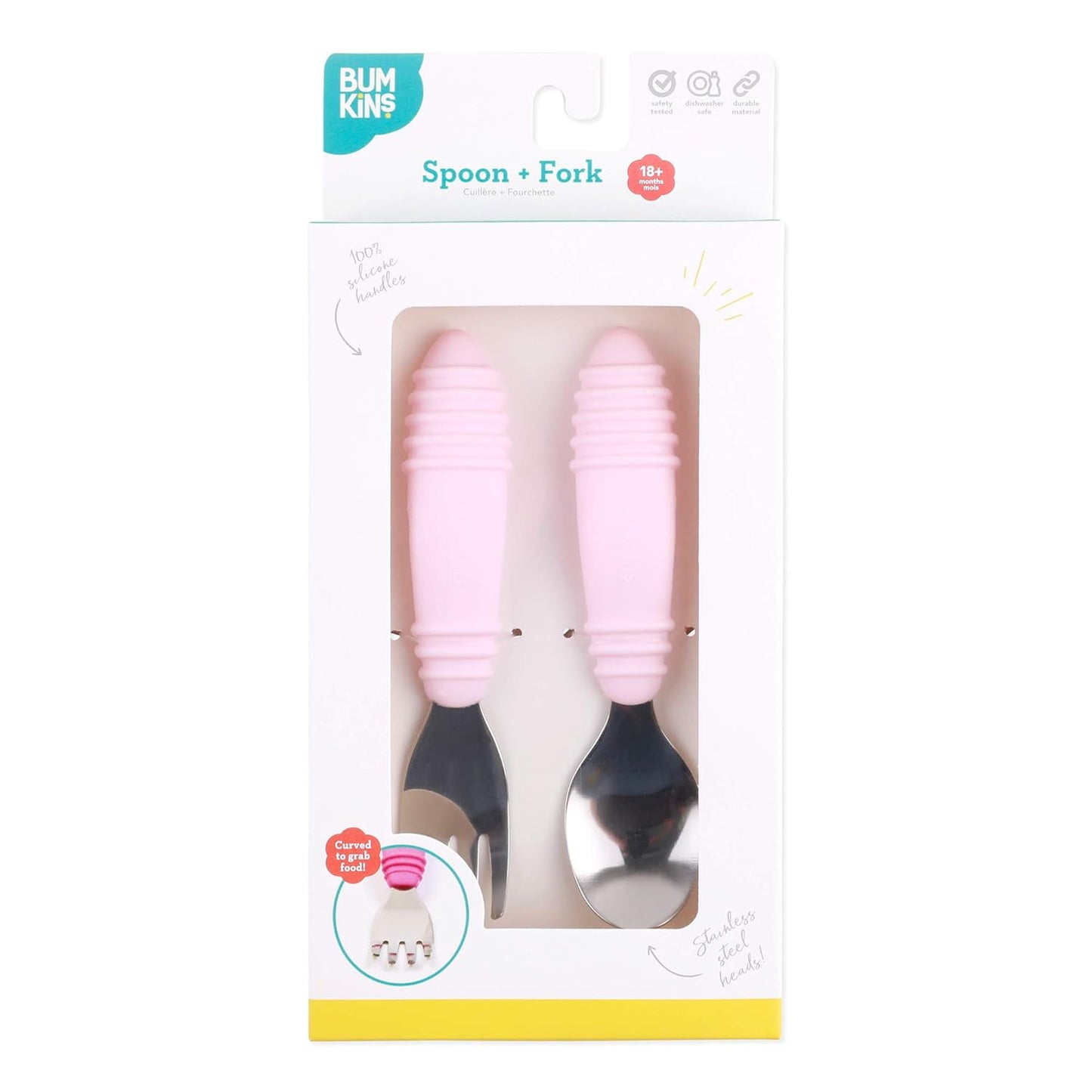 Bumkins Toddler Utensils, Kids Fork and Spoon Set, Silicone and Stainless-Steel Silverware, Angled