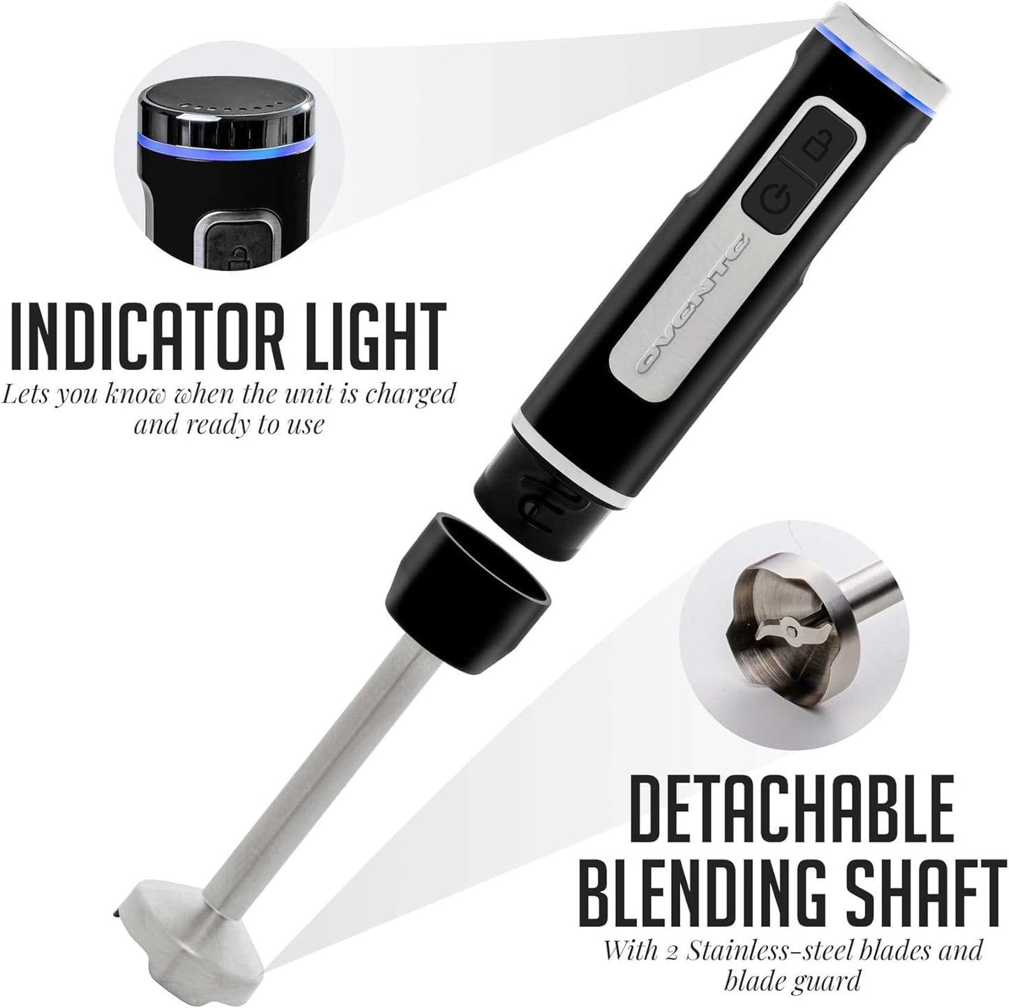 OVENTE Cordless Immersion Hand Blender, Rechargeable Handheld Portable Stick Mixer with 8 Mixing