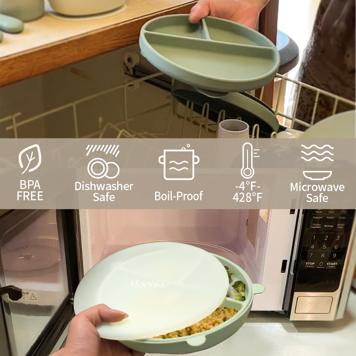 Moonkie Suction Plates for Baby | 100% Silicone BPA-Free Baby Plates with Lids and Food Cover |