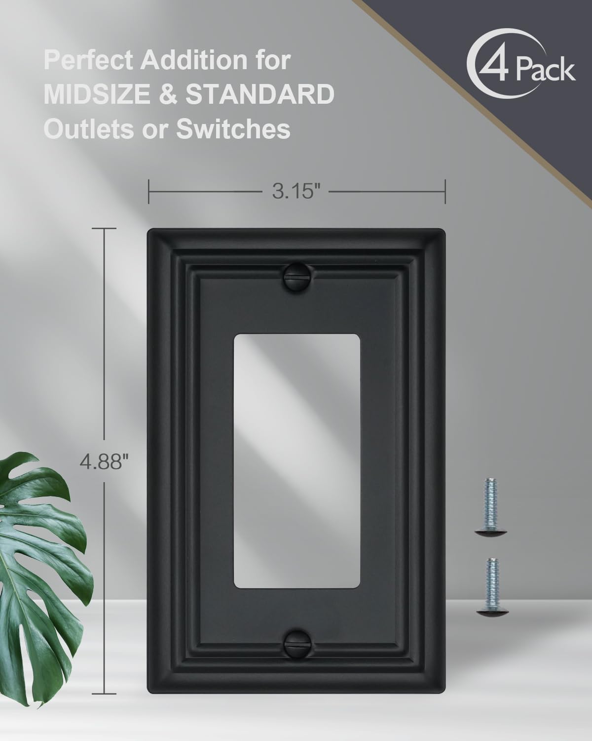 4-Pack Decorator Outlet Covers, Decorative Black Wall Plates, Metal Outlet Cover Plates for