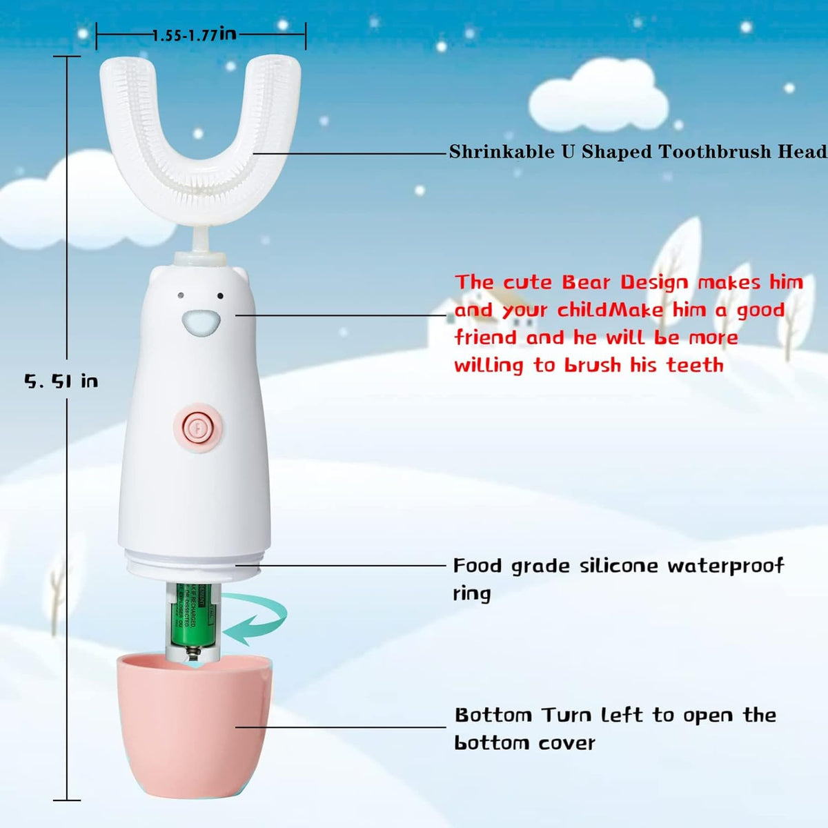 Kids Electric Toothbrush,U Shaped toddler Toothbrush Waterproof Battery Powered 360 Automatic Sonic