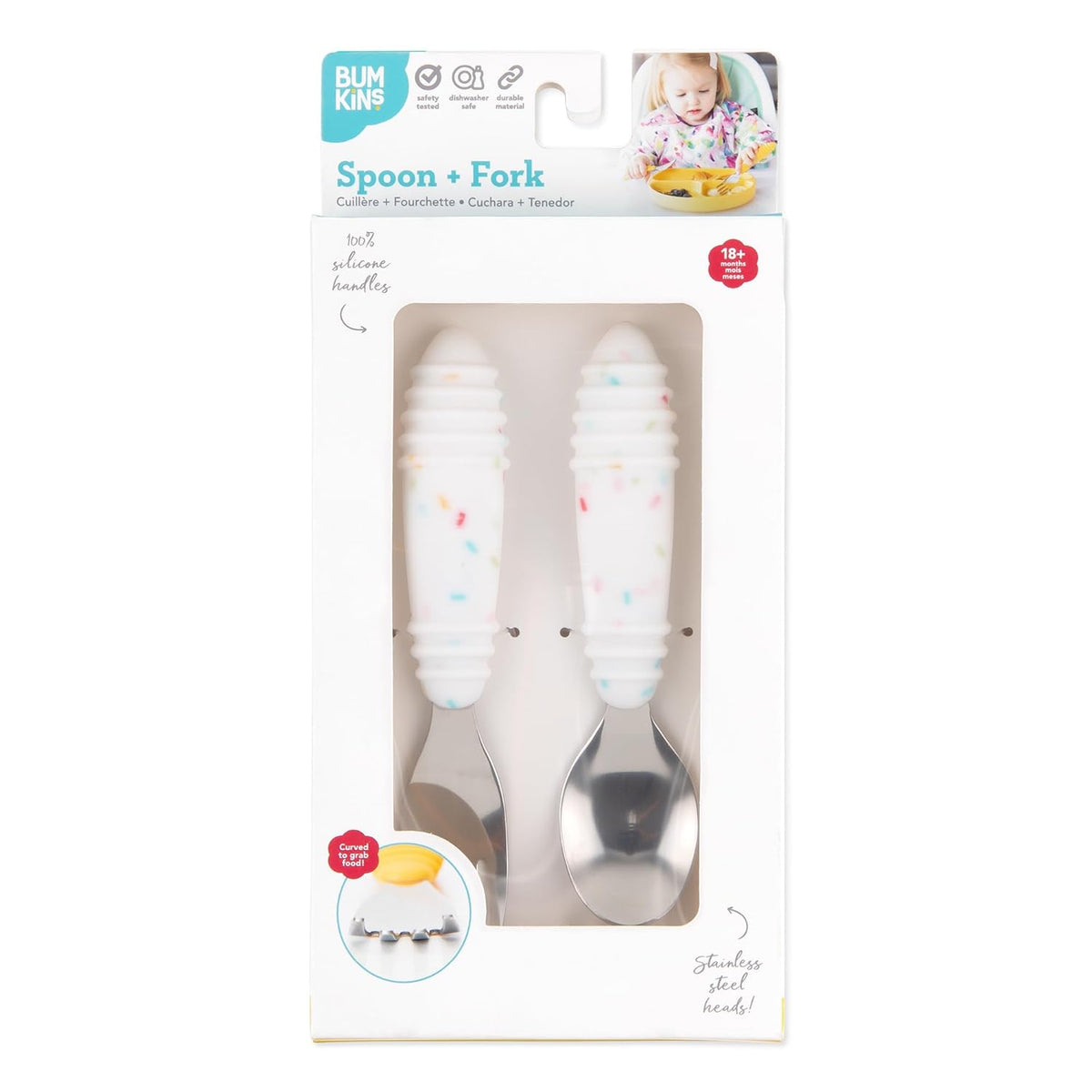 Bumkins Toddler Utensils, Kids Size Fork and Spoon Set, Silicone and Stainless-Steel Training