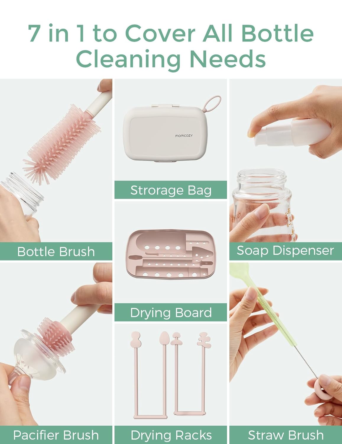 Momcozy Bottle Brush Set - Baby Bottle Cleaner Kit with Silicone Brush, Nipple Brush, Straw Brush