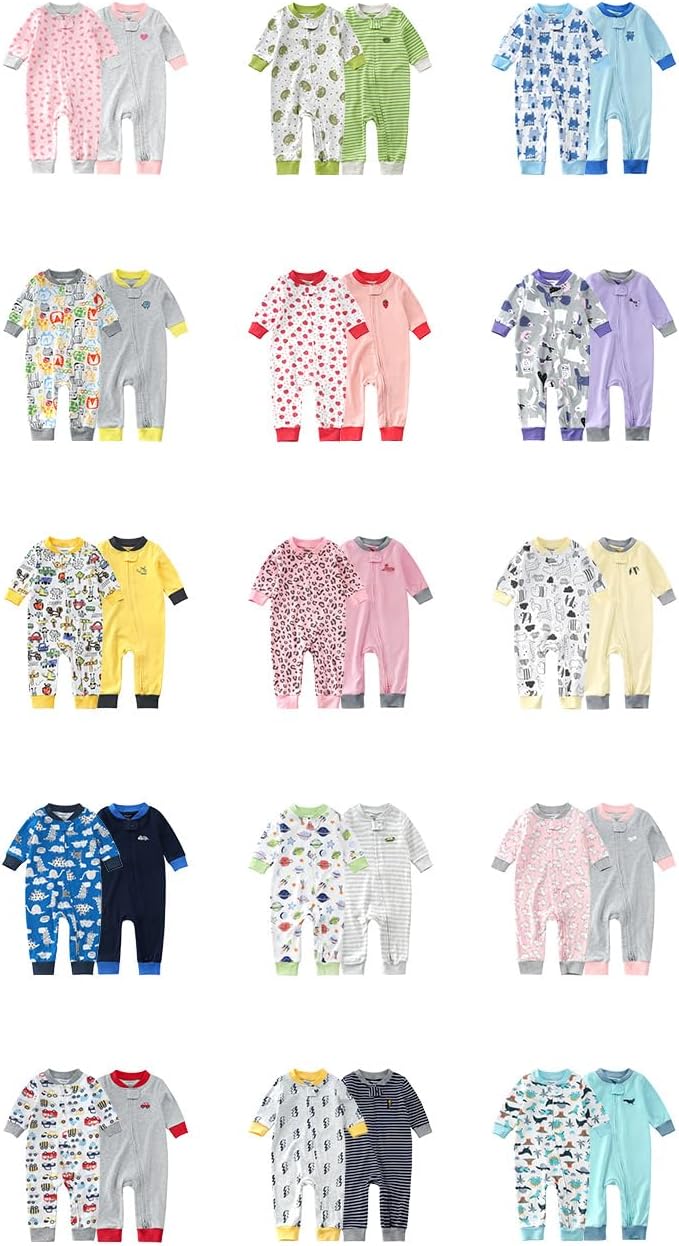 Teach Leanbh Baby 2-Pack Footless Pajamas Cotton Long Sleeve Printing 2 Way Zipper Romper Jumpsuit