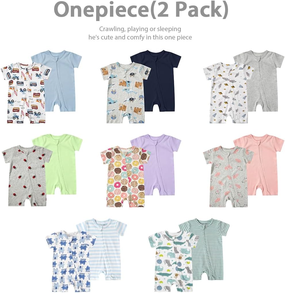 Teach Leanbh Unisex Baby 2 Pack Pajamas Cotton Short Sleeve 2 Way Zipper Printing Soild Romper