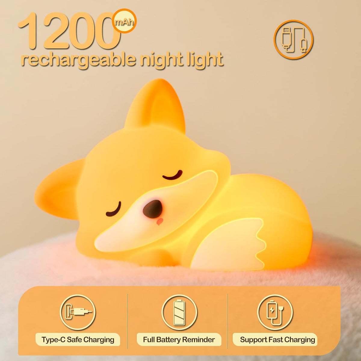 ATSUI Fox Night Light, LED Squishy Novelty Animal Lamp, Food Grade Silicone, 2 Level Dimmable
