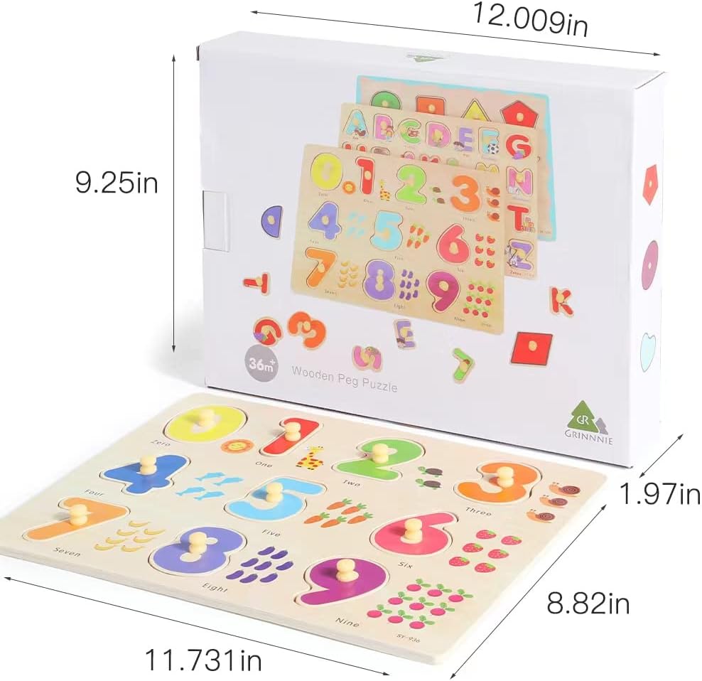 GRINNNIE Wooden Montessori Toddler Puzzles for 1 2 3 4 Years Old, 3 Pcs (Number, Letter, Shape)