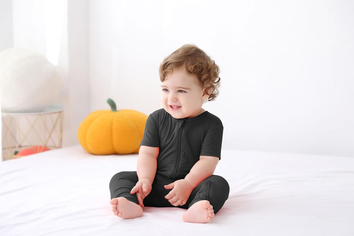 GUISBY Rayon Made from Bamboo Baby Pajamas, Summer Short Sleeve Footless Rompers, 2 Way Zipper