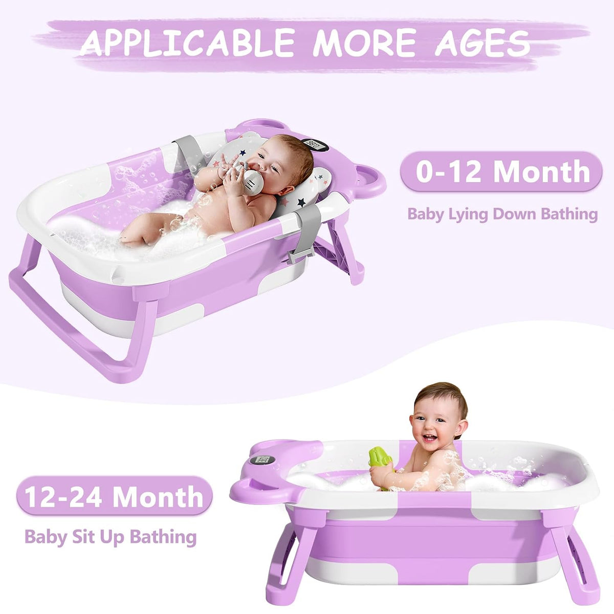 MoreFeel Collapsible Baby Bathtub for Newborn with Thermometer & 1 Hooded Towel & 1 Soft Floating