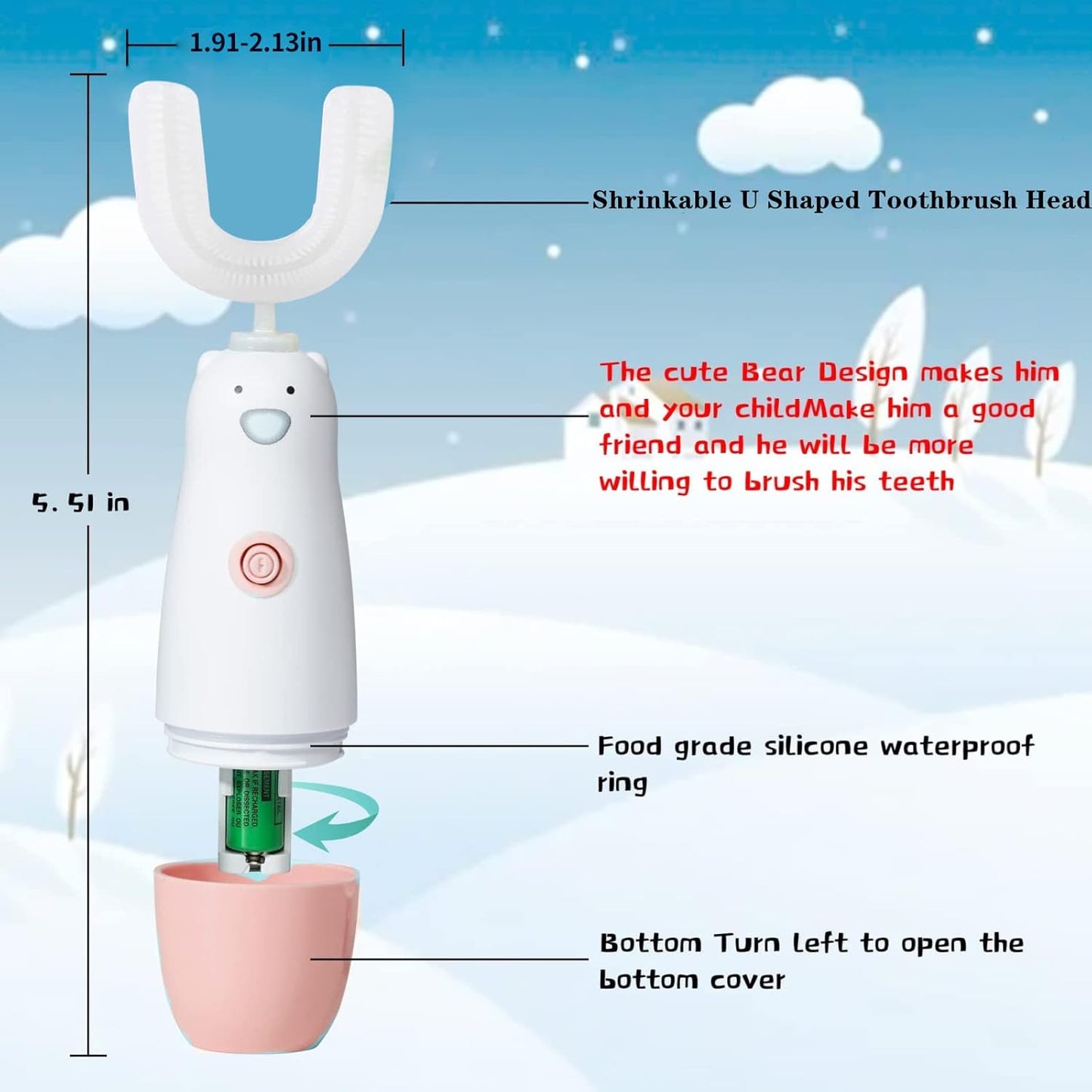 Kids Electric Toothbrush,U Shaped Toothbrush Waterproof Battery Powered 360 Automatic Sonic Toddler