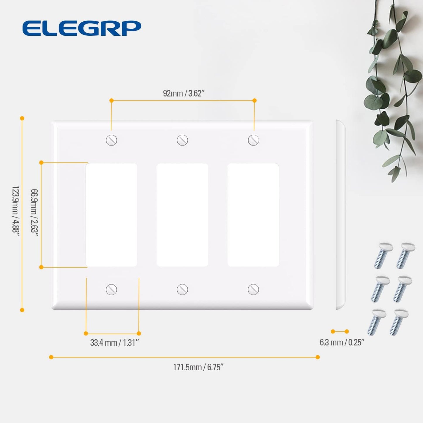 ELEGRP 3-Gang Decorative Wall Plates, Mid-Size 4.88" H x 6.75" L Unbreakable Thermoplastic