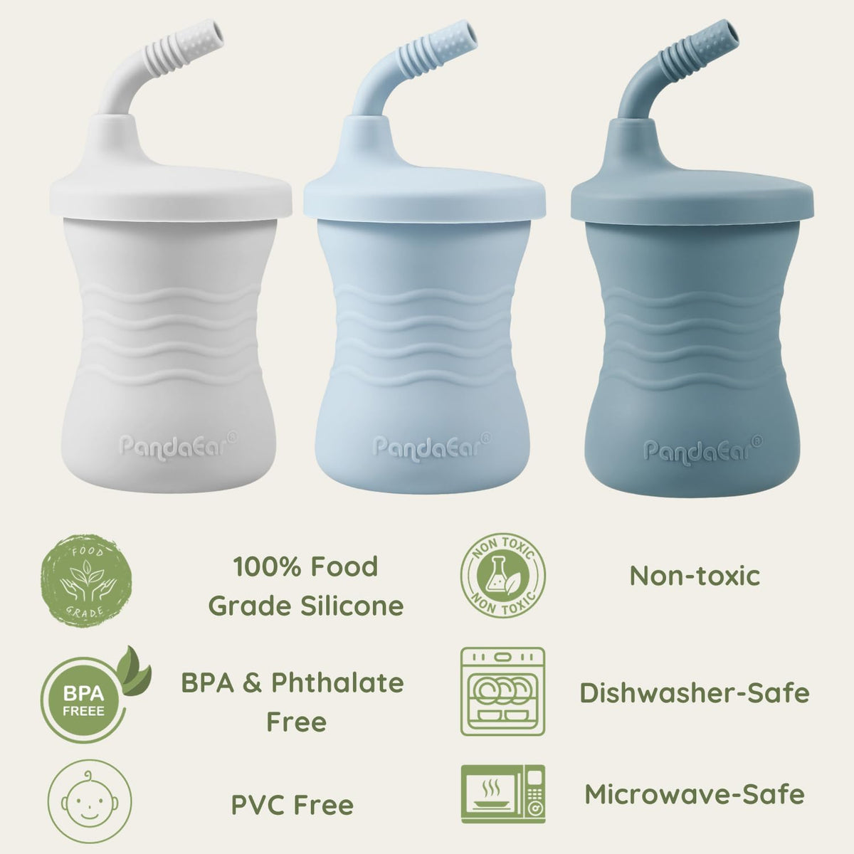 PandaEar Silicone Training Cup, 3 Pack Baby Drinking Sippy Cups with Straw for Baby and Toddler 6