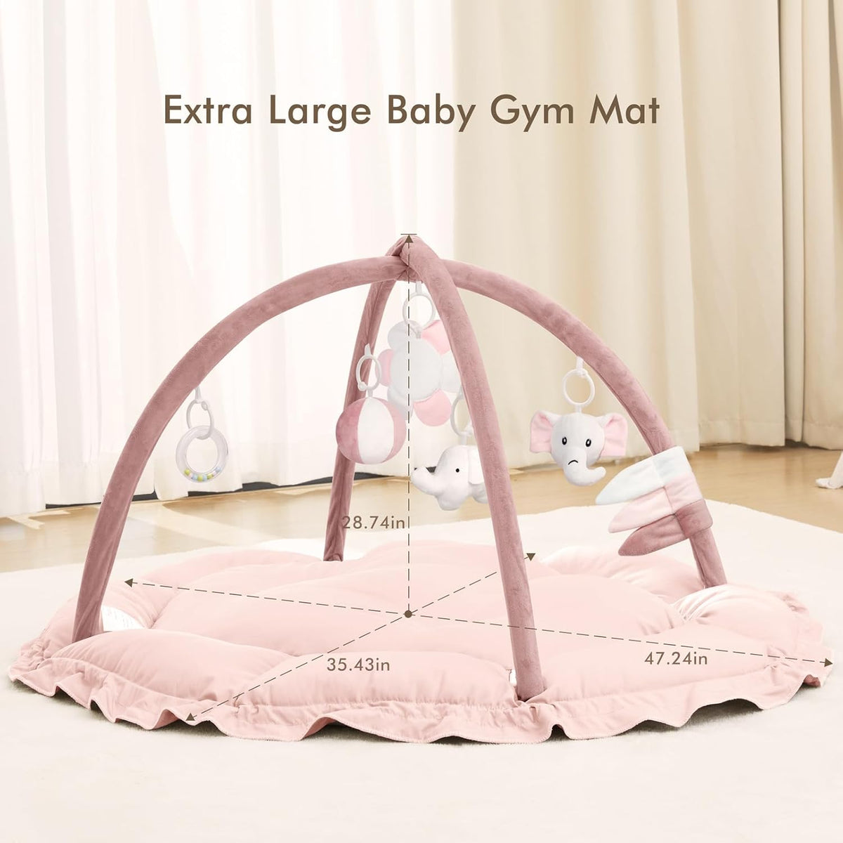 ANGELBLISS 5 in 1 Baby Play Gym Mat, Reversible Tummy Time Mat with 5 Sensory Toys for Stage-Based