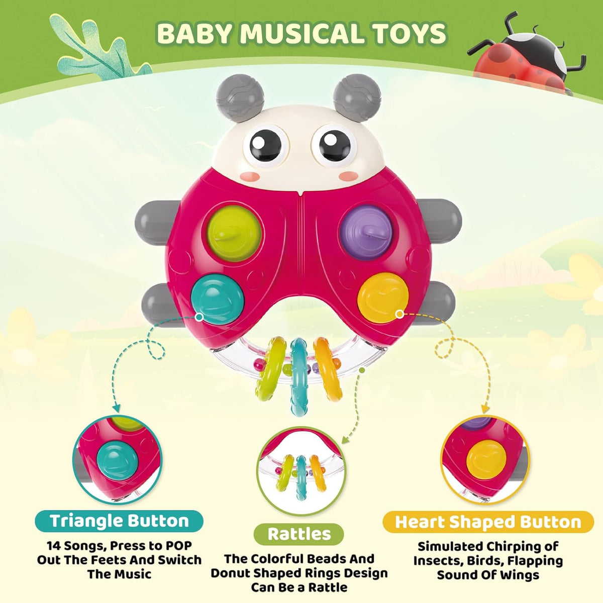 Ladybug Baby Light Up Toys with Rattle Led Light Music, Interactive Educational Fine Motor