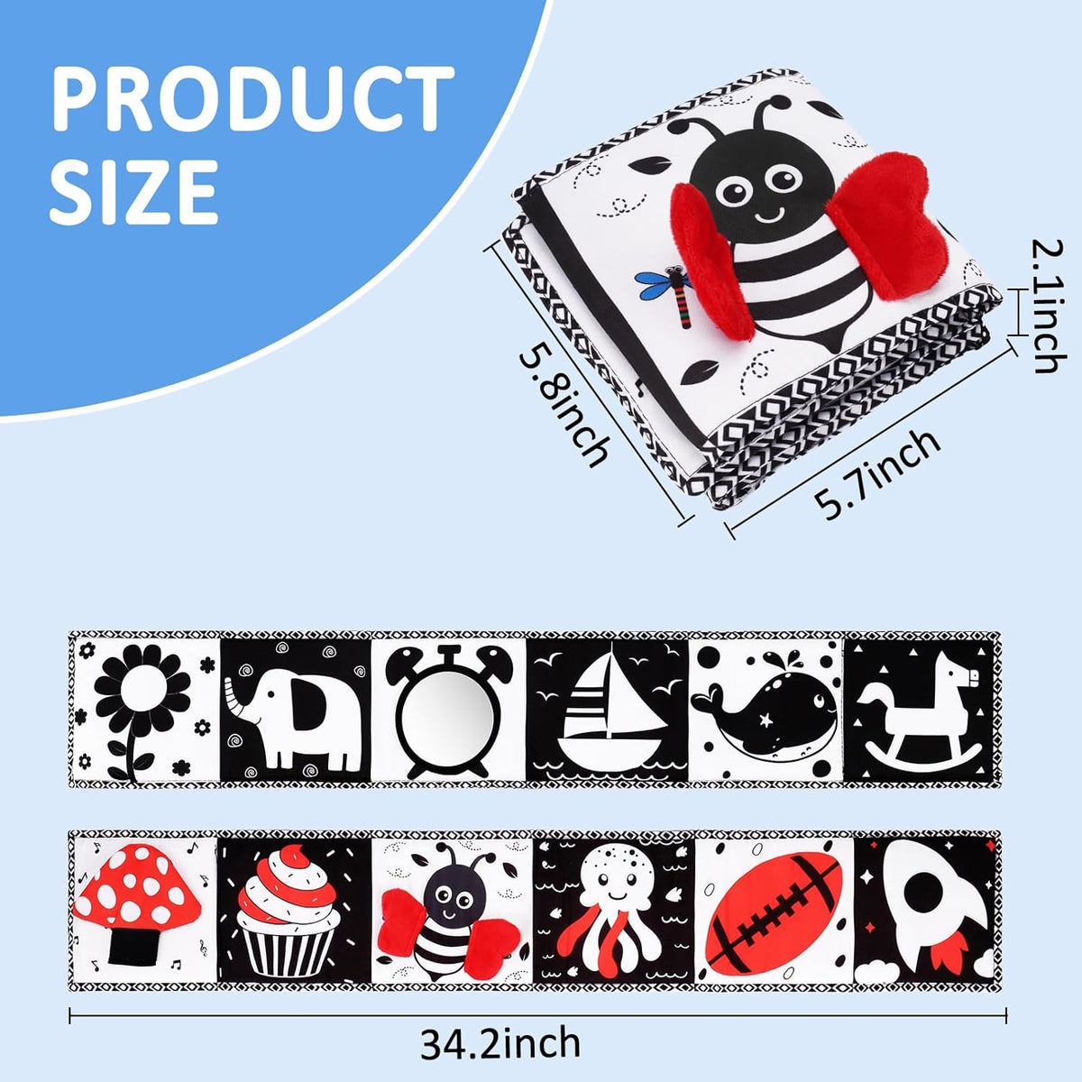 Black and White High Contrast Toys for Baby 0-3 3-6 Months Infant Tummy Time Soft Book Sensory