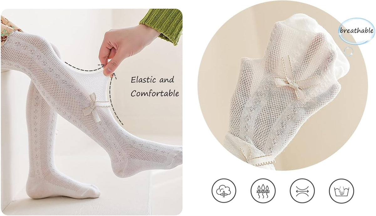 CHUNG Baby Girls Cotton Tights Thin Hollowed Summer with Bowknot Mesh Lace Fashion Toddler Footed