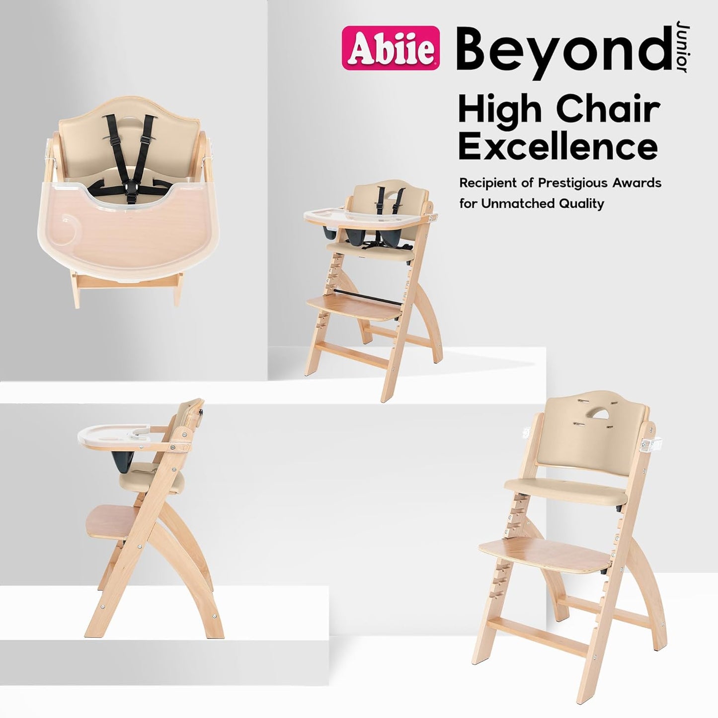 Abiie Beyond Junior Wooden High Chair with Tray - Adjustable and Convertible High Chair for Babies