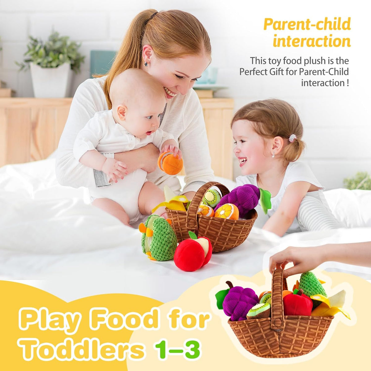 Play Food for Toddler 1-3, Plush Pretend Food Set with Sorting Fruit Basket, Baby Sensory Toys 6-12