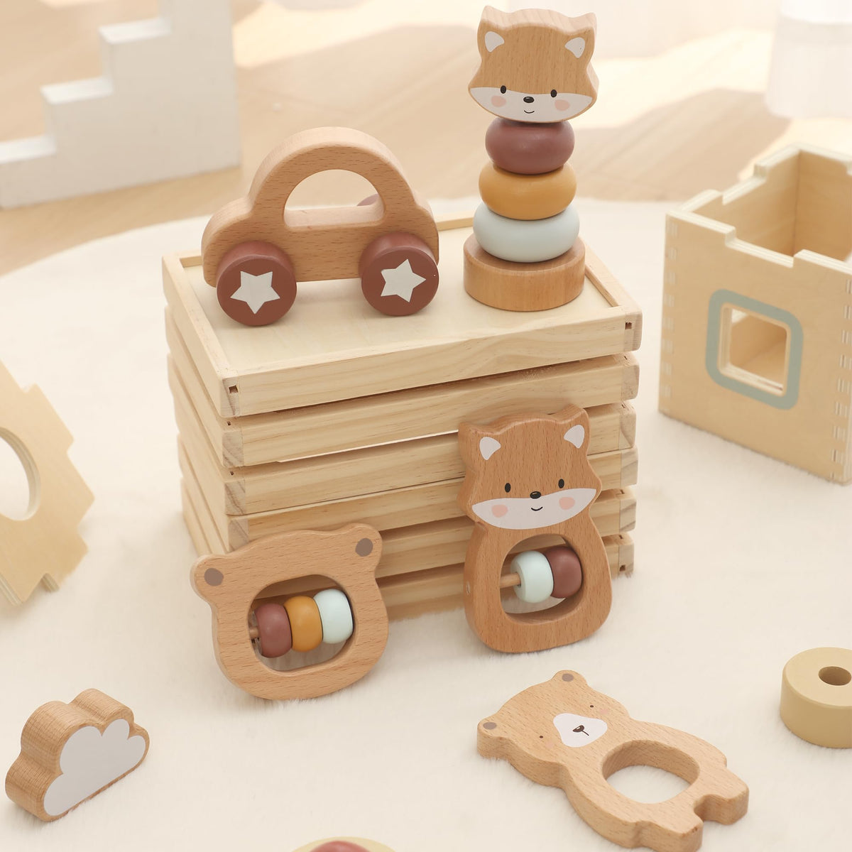 FReniland Wooden Montessori Toys, 5-Piece Wooden Baby Toys, Bear Baby Rattle, Fox Stacking Ring