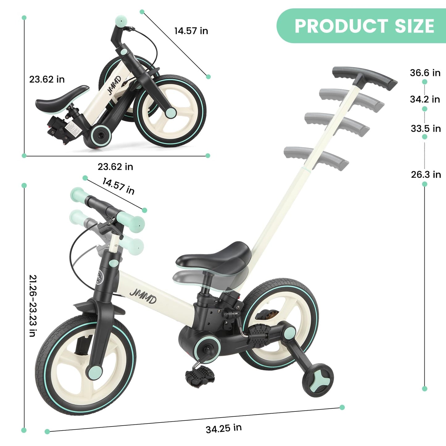 JMMD 6 in 1 Toddler Bike with Push Handle for Kids 18-60 Months, 12" Foldable Balance Bike with