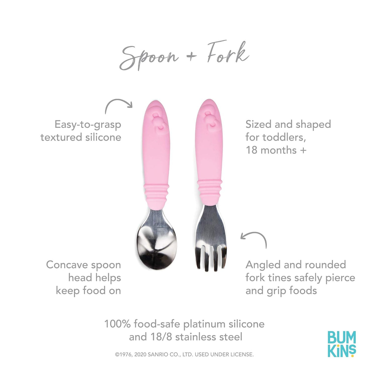 Bumkins Toddler Utensils, Kids Size Fork and Spoon Set, Silicone and Stainless-Steel Training
