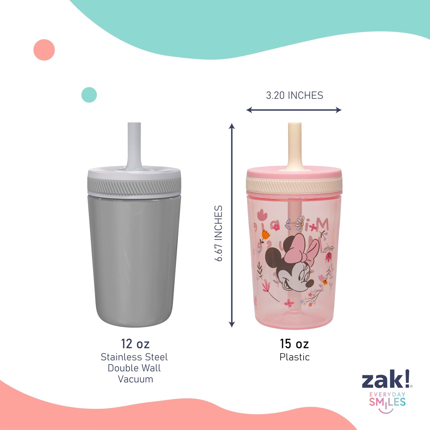 Zak Designs Disney Minnie Mouse Kelso Toddler Cups For Travel or At Home, 15oz 2-Pack Durable
