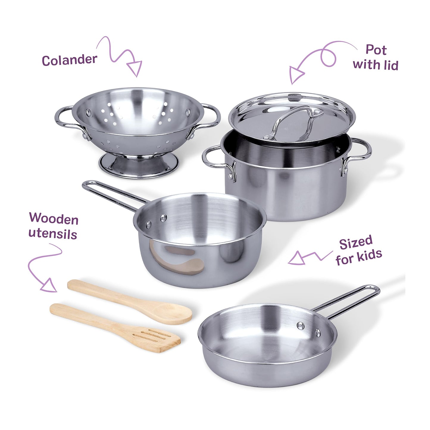 Melissa & Doug Stainless Steel Pots & Pans, 8 Piece Play Kitchen Set, Premium Play Kitchen