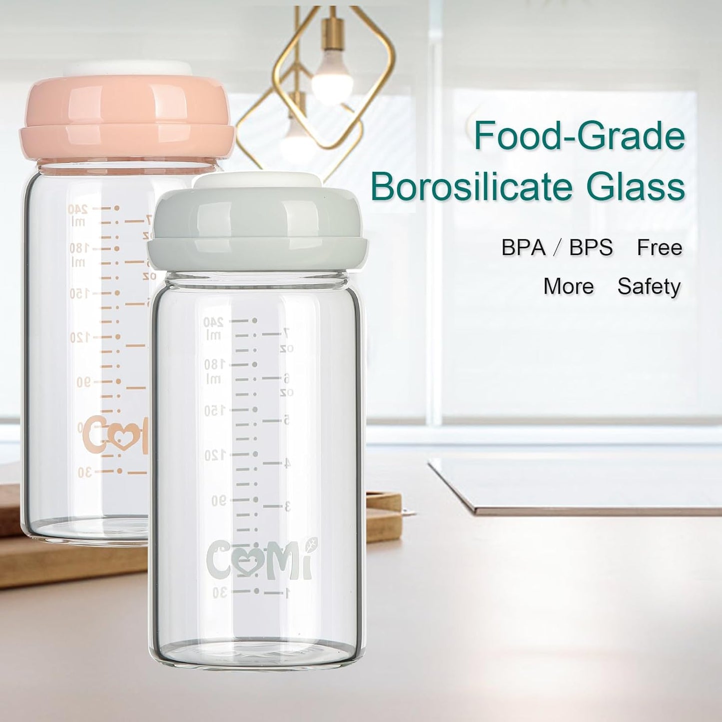 COMI Wide Neck Glass Breastmilk Collection n Storage Bottle, 4 Packs, 8oz with Screw Ring Sealing