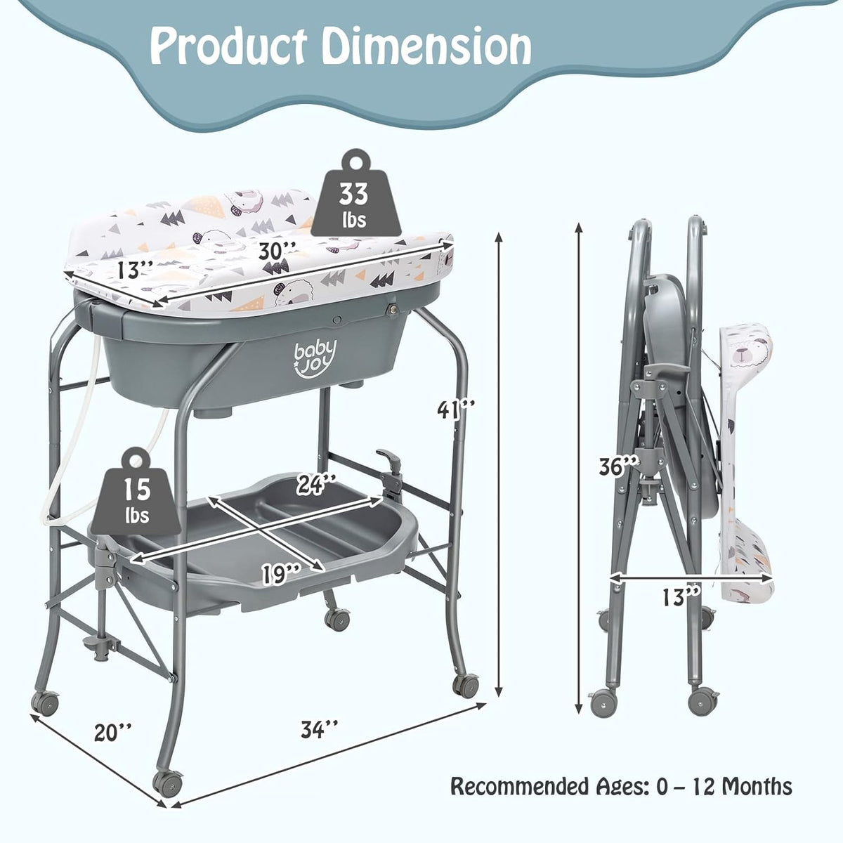 BABY JOY Baby Bathtub with Changing Table, Foldable Infant Diaper Changing Station with Storage