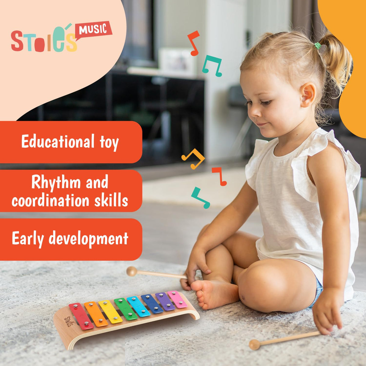 Stoie's Wooden Xylophone for Kids and Toddlers, Curved Design, 8 Notes of Rainbow Color, Tuned
