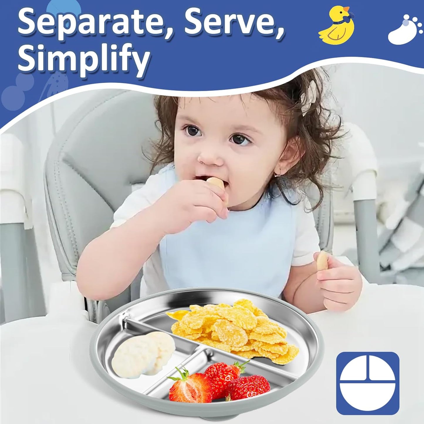Stainless Steel Suction Plates for Toddlers, 9" Divided Kids Baby Plates with Removable Silicone