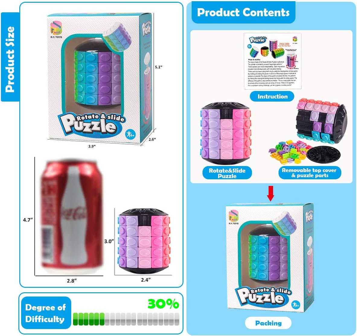 R.Y.TOYS Rotate and Slide Puzzle-Design Patent,Fidget Toys(Restore/Create)-12 Colors,5 Layers-Open