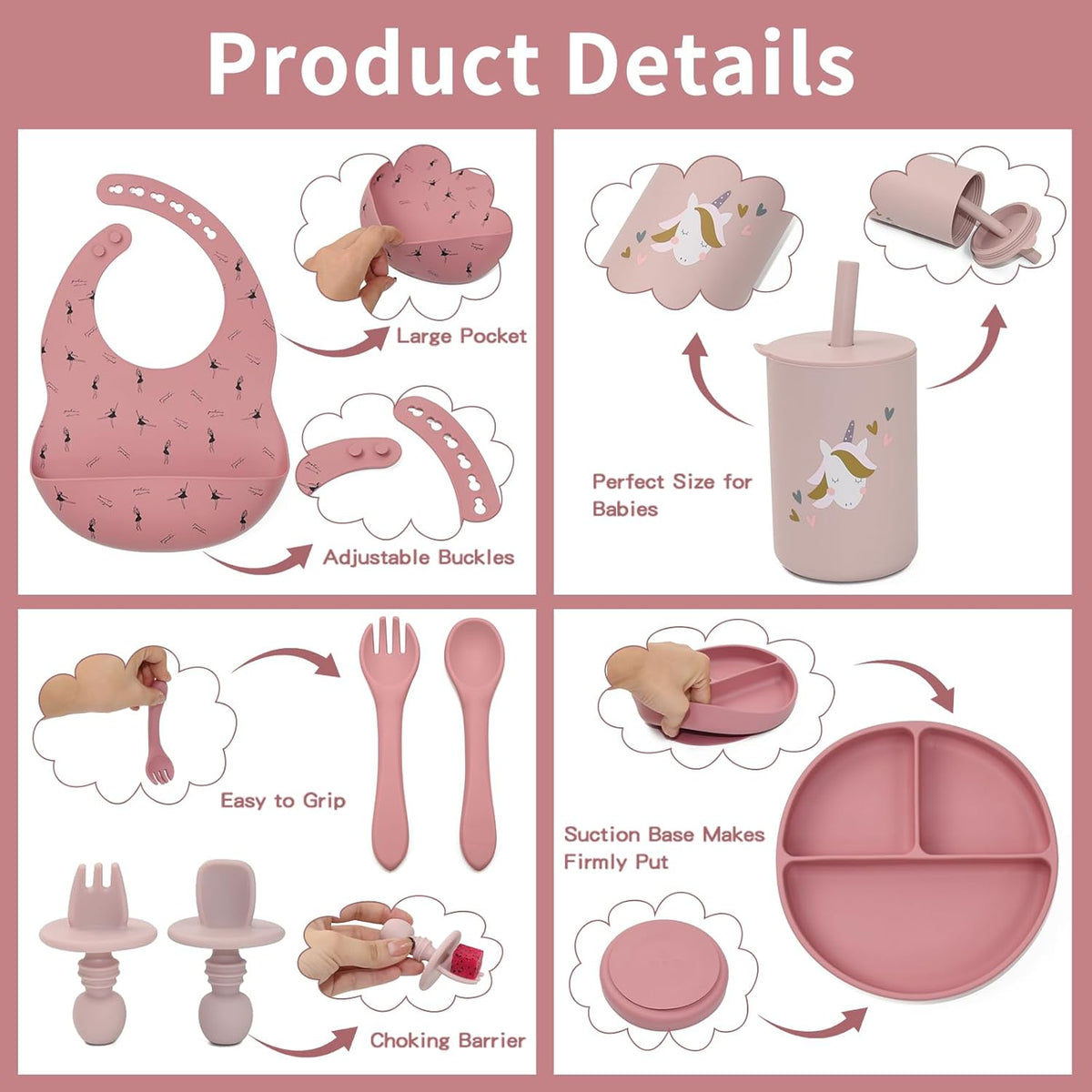 Silicone Baby Feeding Set, Baby Led Weaning Supplies, Baby Spoons Suction Divided Plate Bib Cup