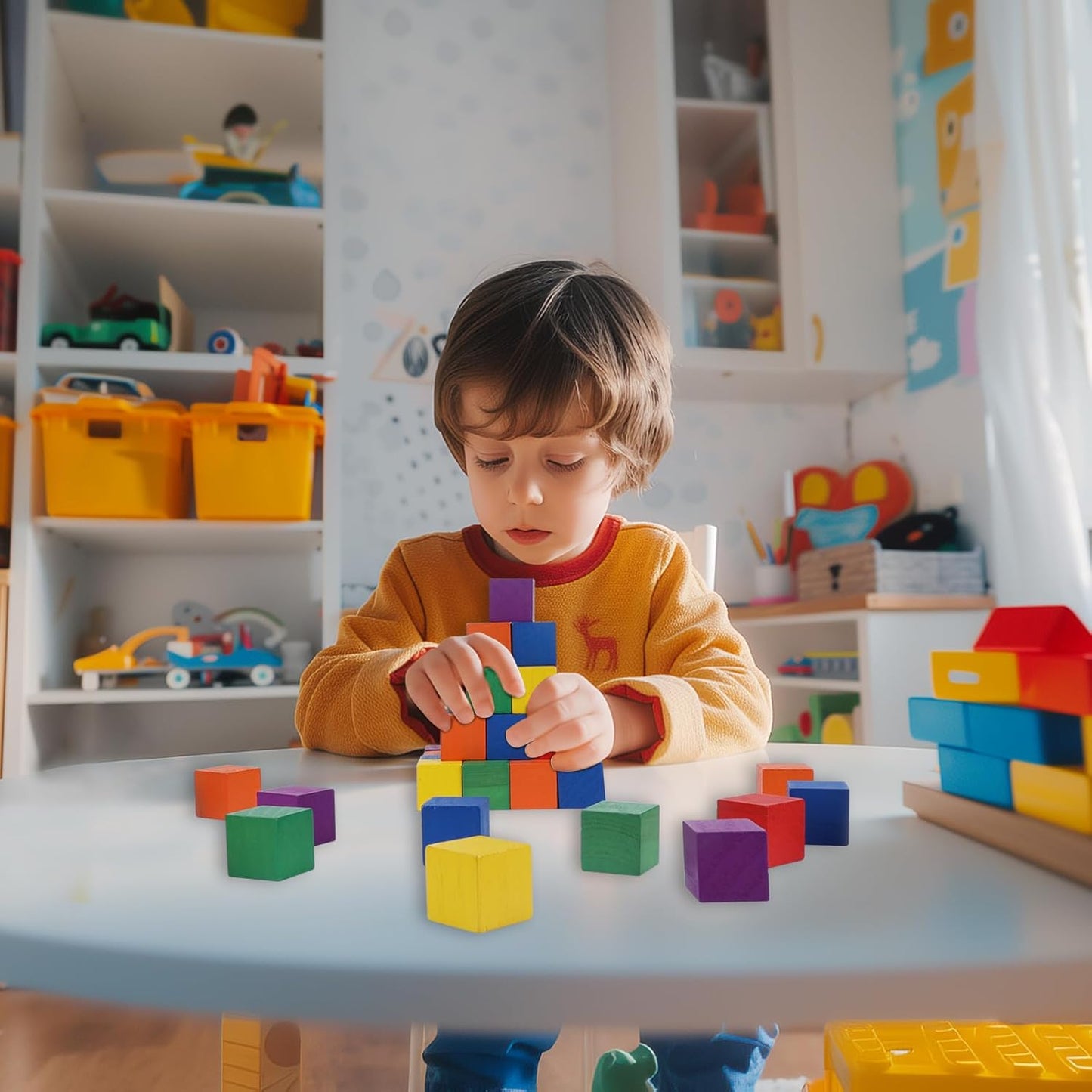 108 Pack 1 Inch Wooden Blocks, 6 Colors STEM Math Sorting Toys, Wood Building & Stacking Blocks for