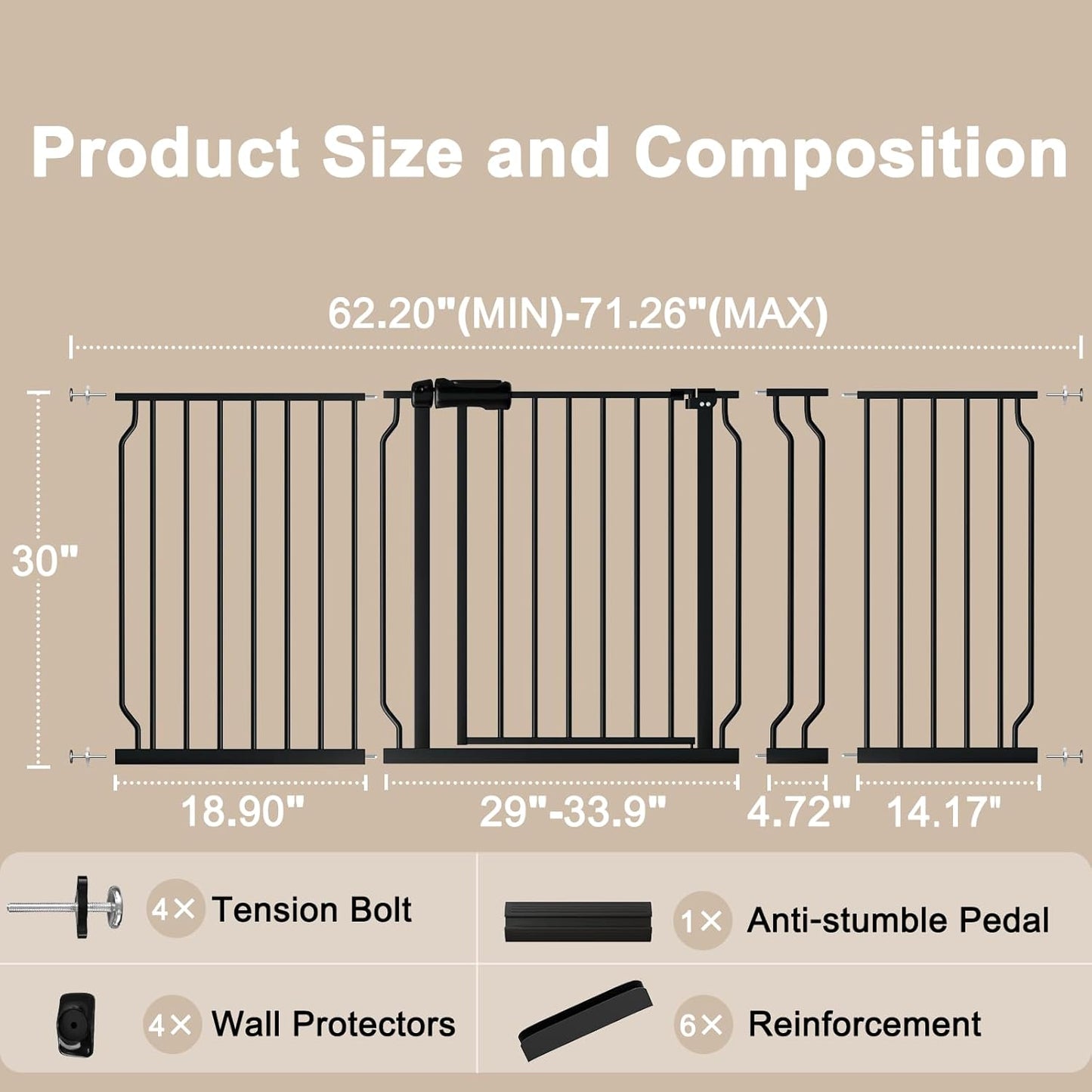 WAOWAO Baby Gate 62.20-71.26" Extra Wide Pressure Mounted Walk Through Swing Auto Close Safety