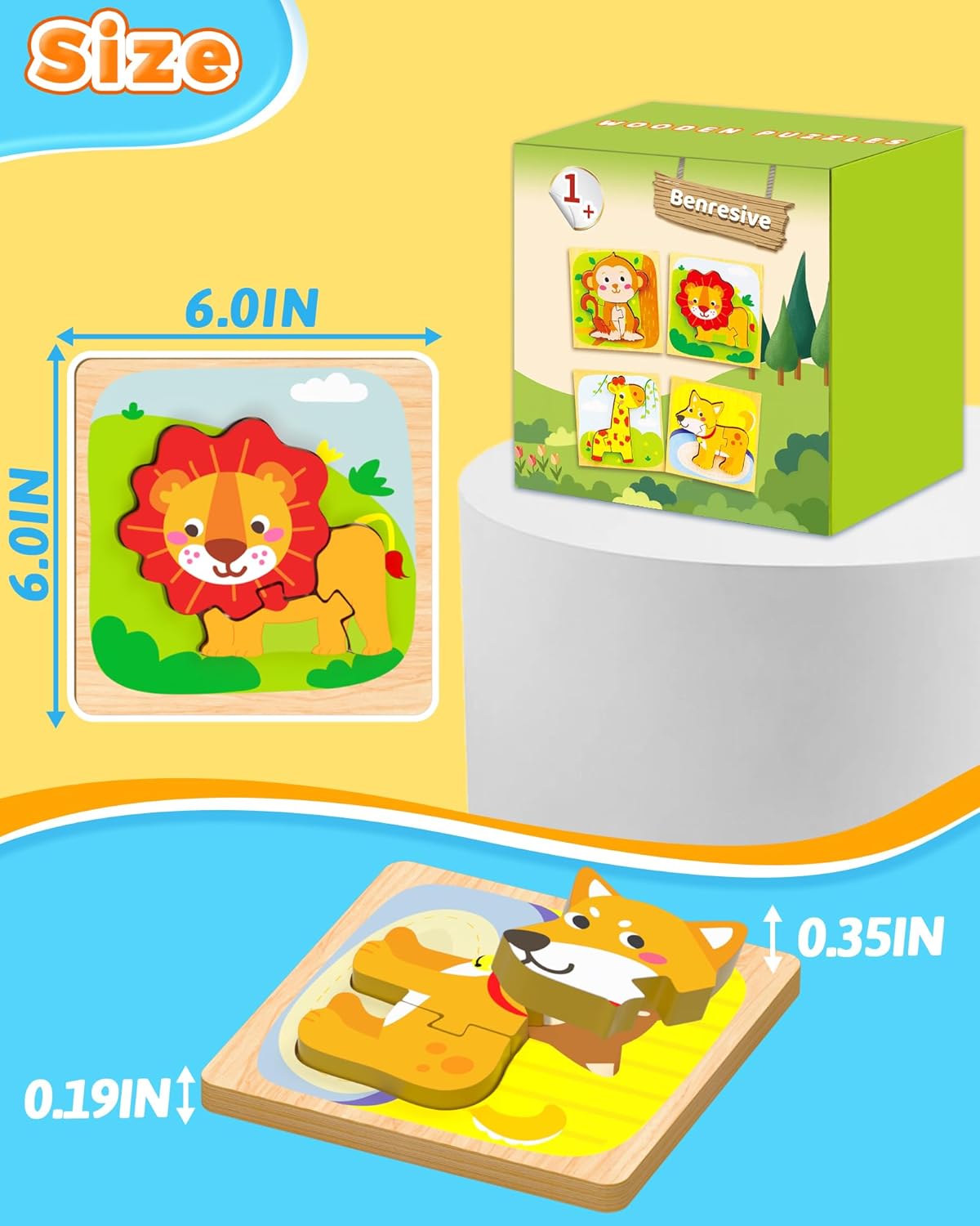 Benresive Wooden Toddler Puzzles, 4pcs Animal Montessori Toys for 1-3 Year Old Boys & Girls
