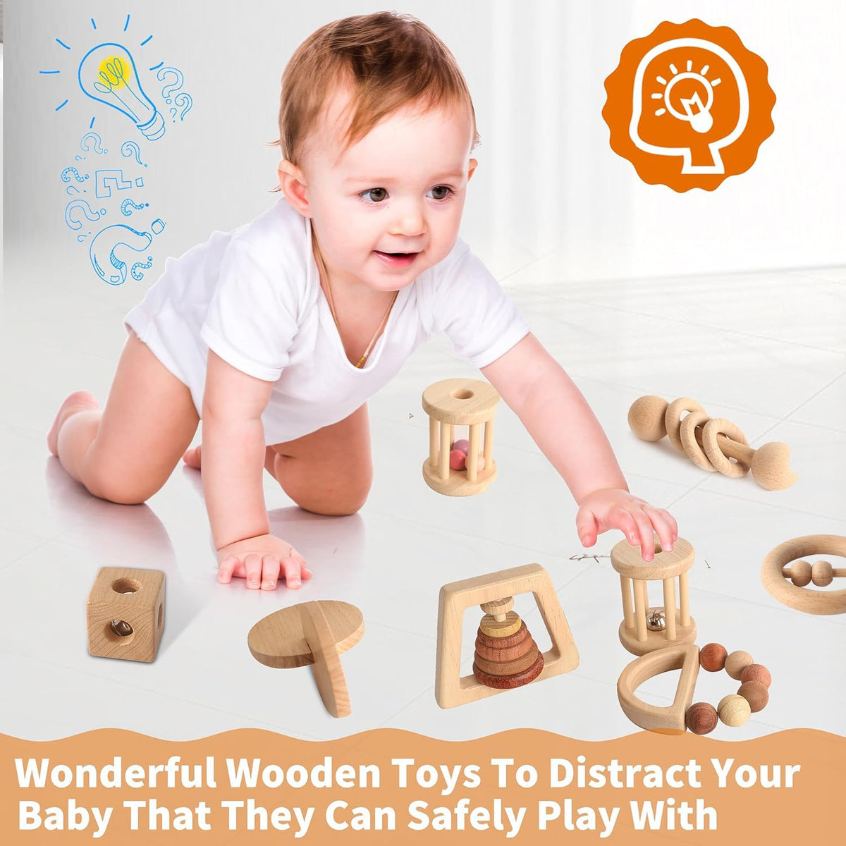 Wooden Baby Toy 8pcs, Montessori Toys for Babies 1-3 Years Old, Wooden Rattles Toy Set for Infant