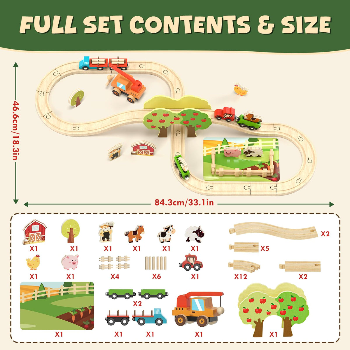 Lehoo Castle Farm Wooden Train Set, Wooden Train Tracks Set for Kids