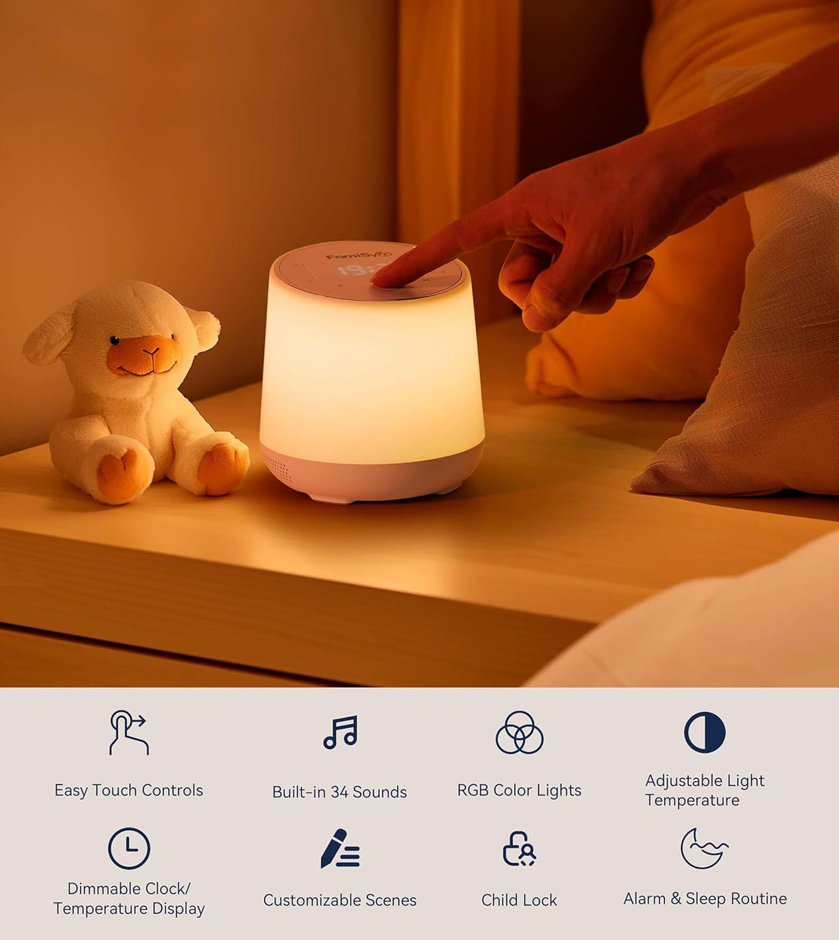 FamiSym White Noise Machine for Baby & Kids, Nursery Night Light & Alarm Clock, Dimmable Clock &