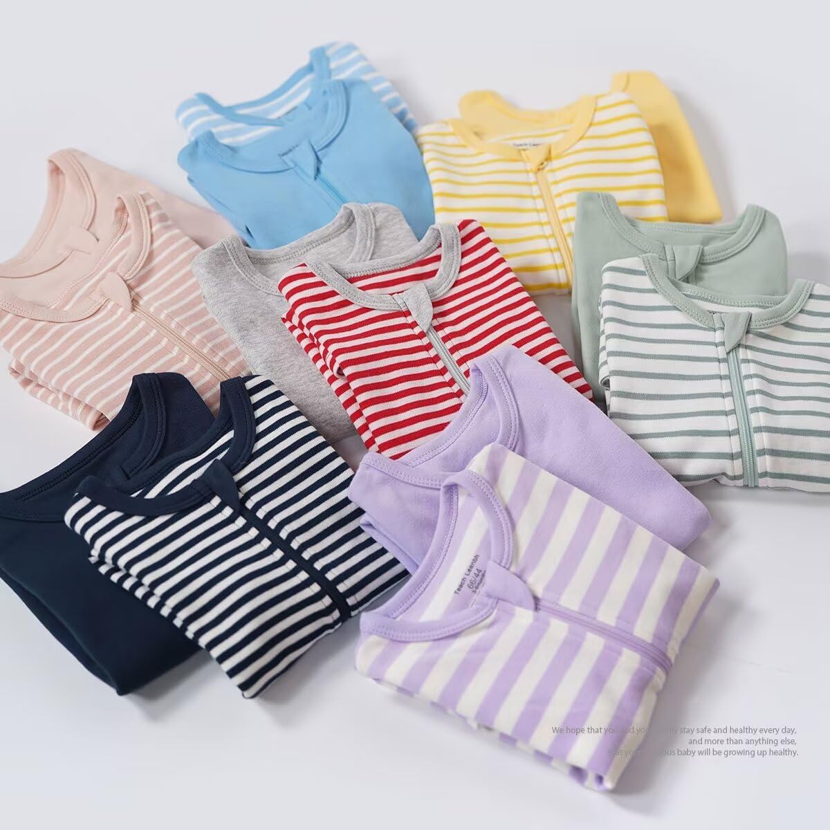 Teach Leanbh Unisex Baby 2 Pack Pajamas Cotton Short Sleeve 2 Way Zipper Stripe Soild Romper