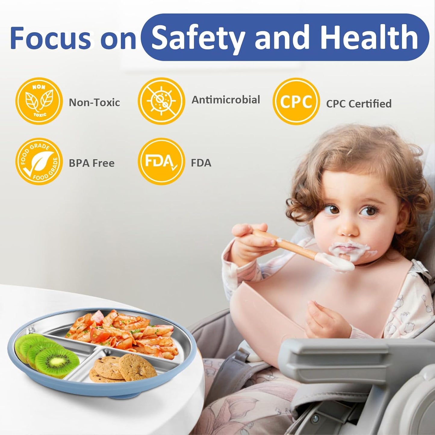 Stainless Steel Toddler Plate with Suction, 9” Divided Plates with Removable Silicone Sleeves for