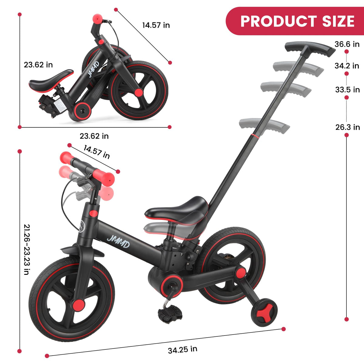 JMMD 6 in 1 Toddler Bike with Push Handle for Kids 18-60 Months, 12" Foldable Balance Bike with
