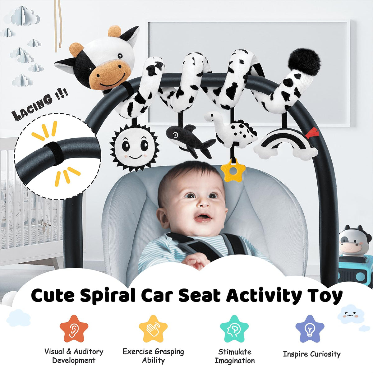 Spiral Car Seat Baby Toys 0-6 Months, Infant Carseat High Contrast Sensory Toys Hanging Stroller