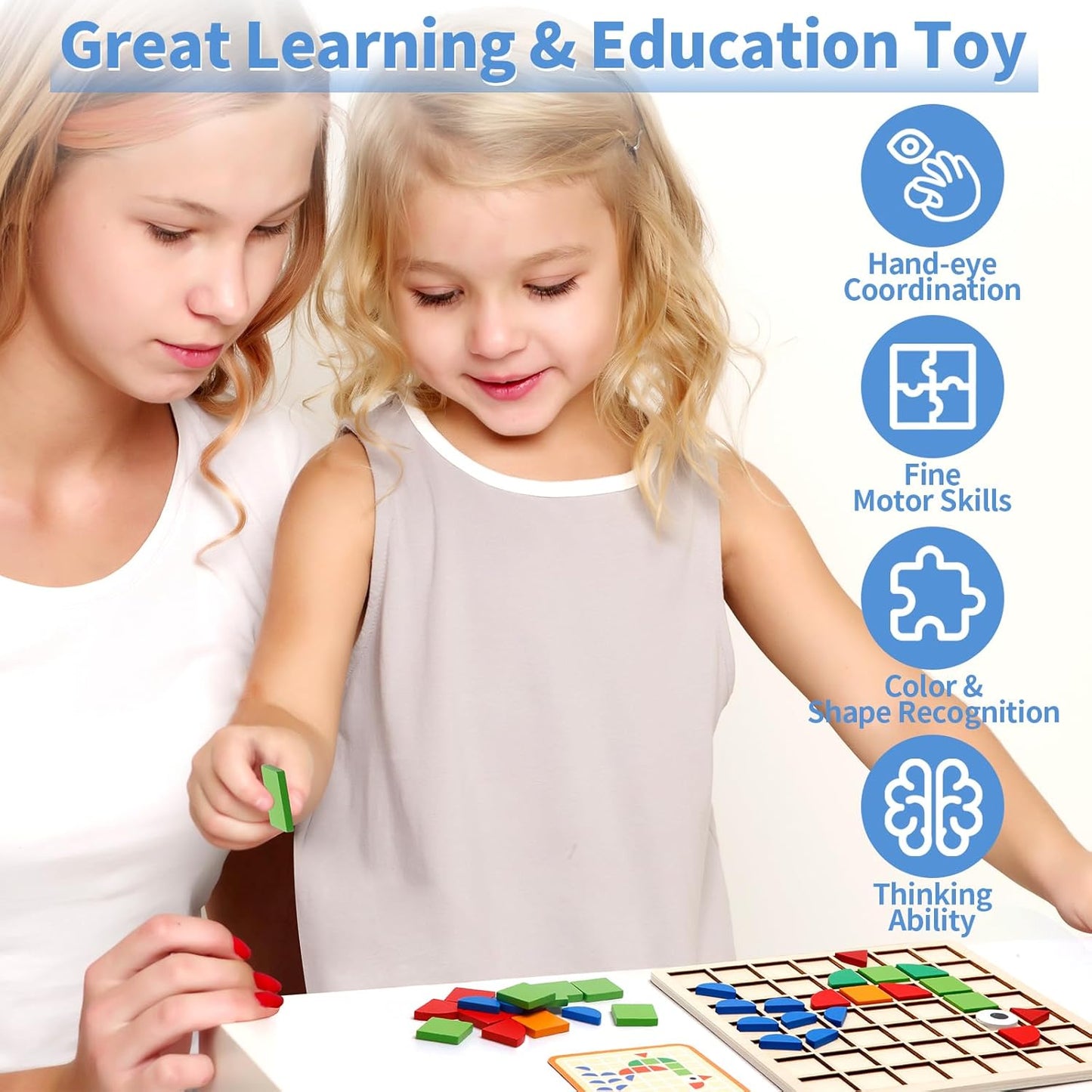 Montessori Tangram Educational, Geometric Shapes Puzzle Toys with 120Pcs Wooden Puzzle Blocks and