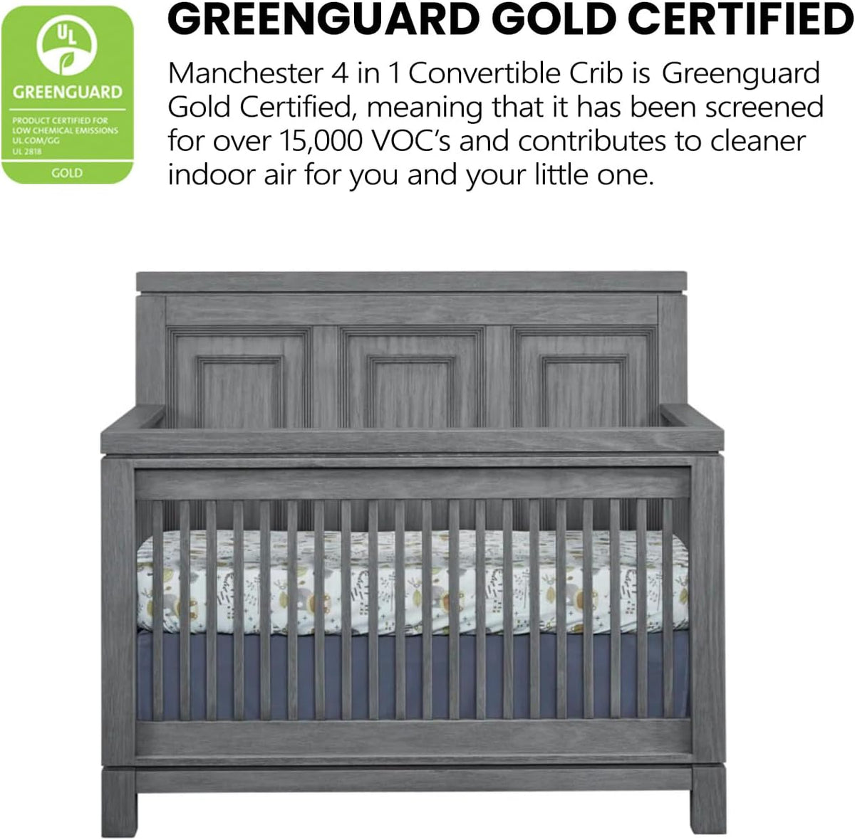 Soho Baby Manchester Premium 4-in-1 Convertible Crib, Flat-Top Headboard, Rustic Gray, GreenGuard