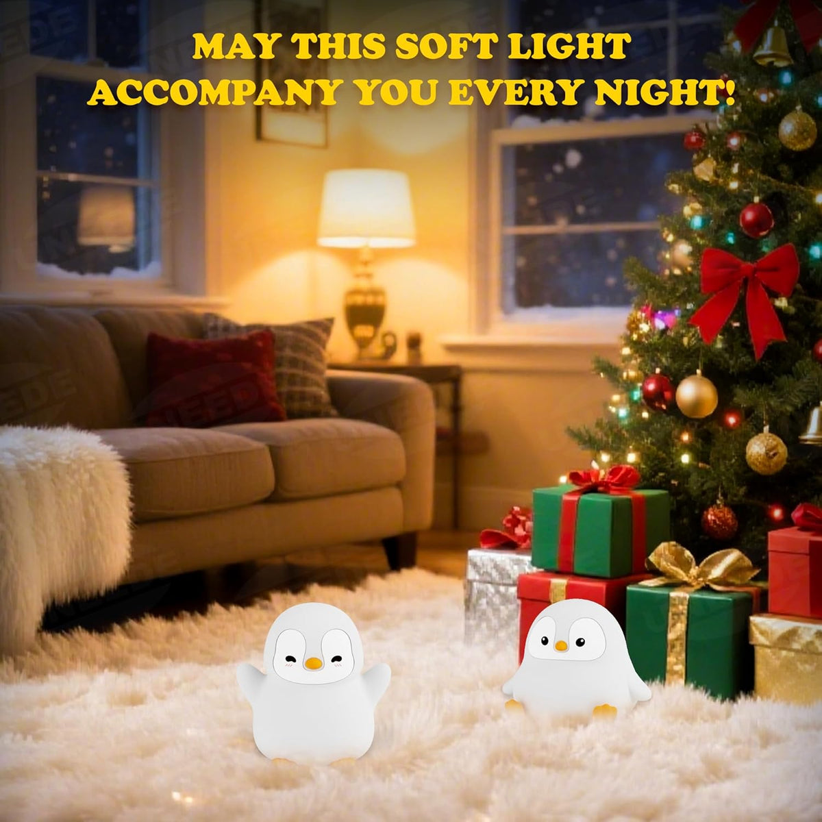 UNEEDE Standing Penguin Night Light with Detachable Bunny Hat - Rechargeable Silicone Touch Lamp