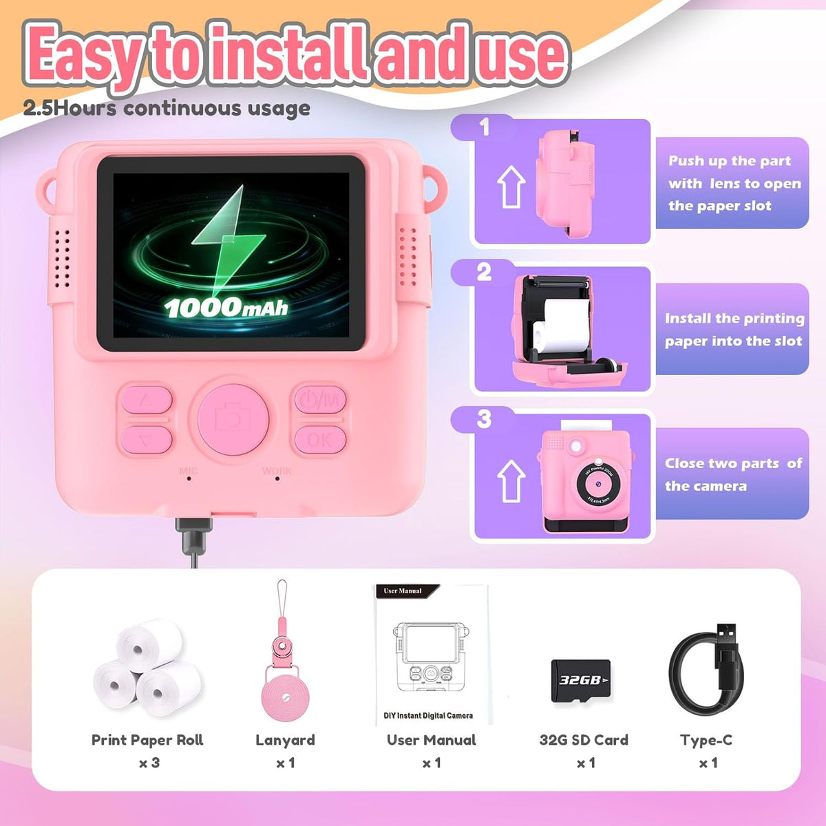 Instant Print Camera for Kids, Christmas Birthday Gifts Girls Boys Age 3-12, HD Digital Video